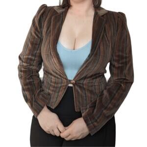 Vintage 80s Striped Velvet Blazer Neutral Cropped Short Brown Debutogs Jacket